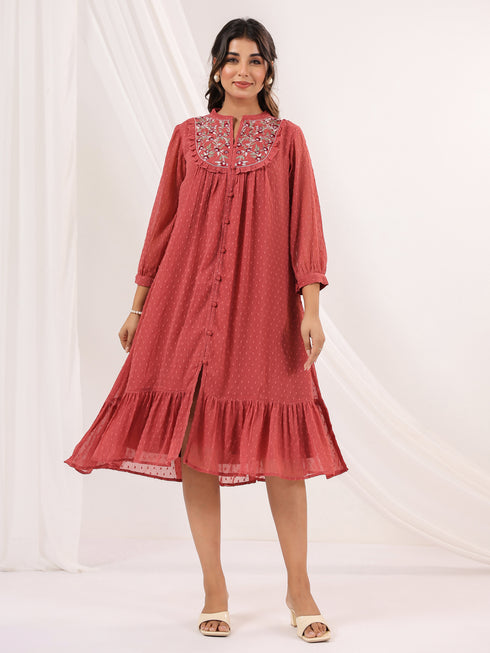 Janasya Women's Mauve Dobby Chiffon Embroidered A-line Dress